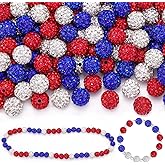 90pcs 10mm Rhinestone Beads for Jewelry Making, Red+White+Dark Blue Shiny Round Shamballa Disco Beads, Sparkle Crystal Clay Christmas for Bracelet Baseball Necklace Earring Crafting and DIY