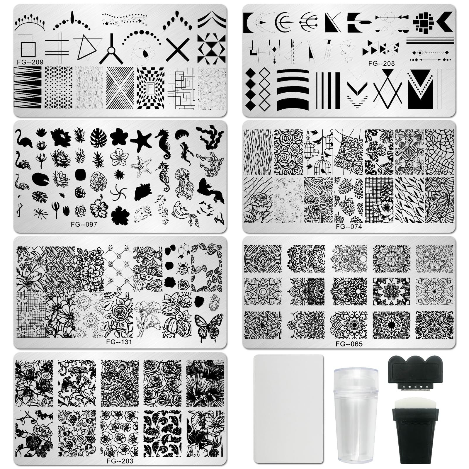 Photo 1 of AddFavor Nail Stamper Kit 7pcs Nail Stamping Plates Flower Geometric Mandala Animal Image Nail Stencils with 2 Stamp and 2 Scraper for Home Salon Manicure Design Supplies Tools