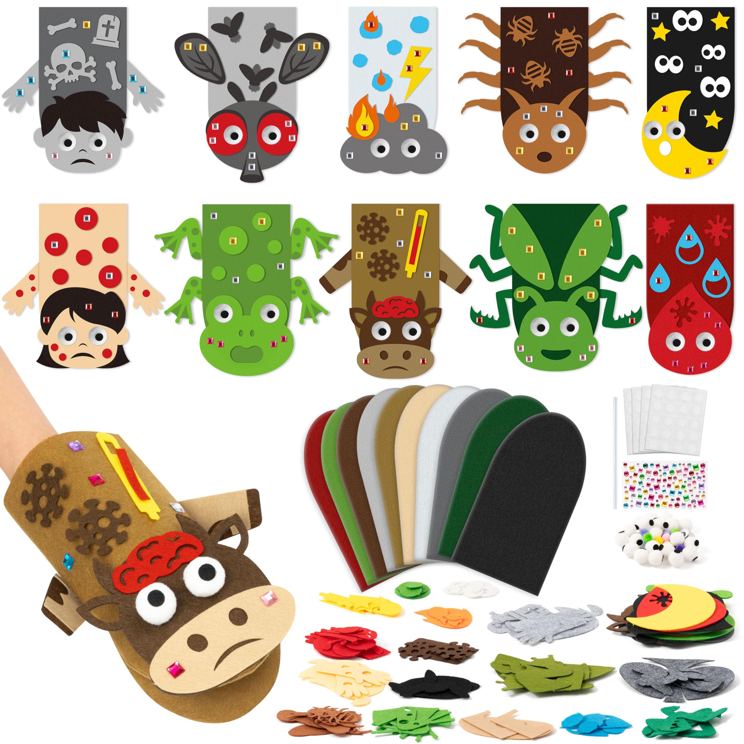 WATINC Hand Puppet Making Kit - 10pcs Plagues Felt Sock Puppet Toys, Make Your Own Storytelling Role Play Party Supplies with Googly Eyes & Pom Poms, Arts Crafts Gift for Girls Boys(Passover)