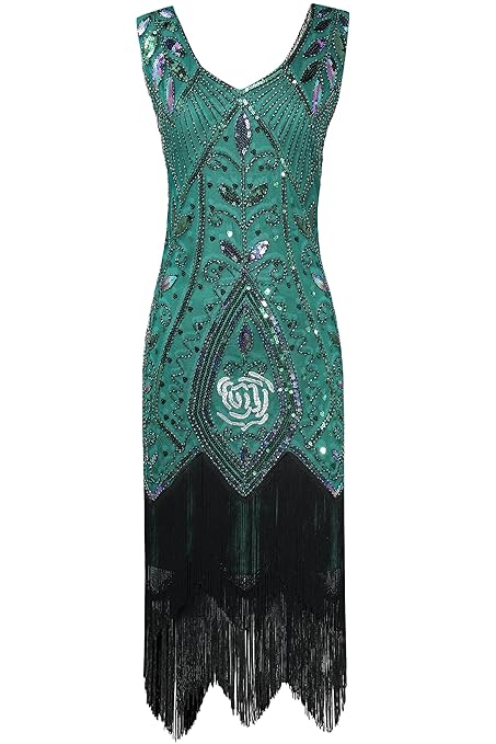 ArtiDeco 1920s Kleid Damen Retro 20er Jahre Stil Flapper Kleider mit Fransen V Ausschnitt Gatsby Motto Party Kleider Damen Ko