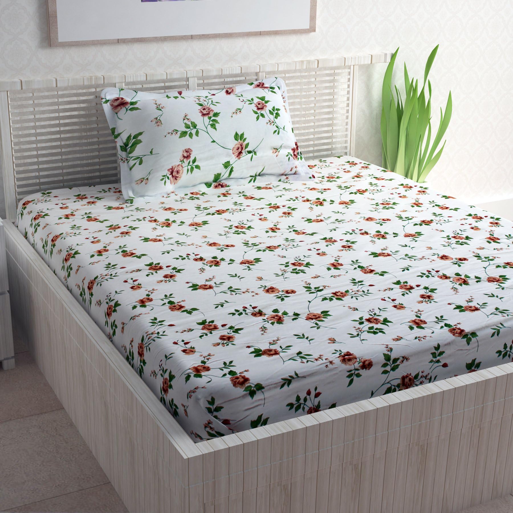Divine Casa Sense Cotton BedSheet with 1 Pillow Cover - Floral, Brown and Green