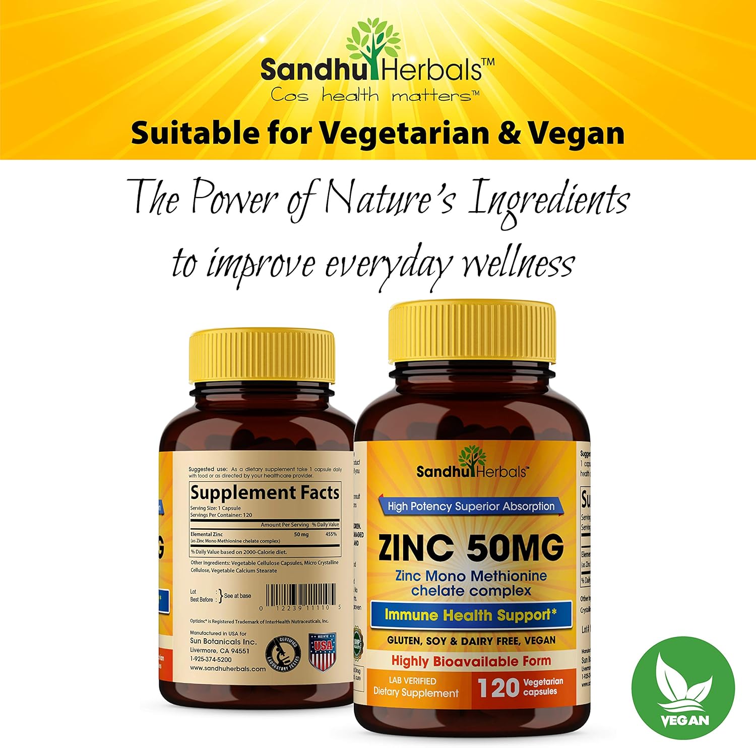 Zinc 50mg Supplement 120 Vegetarian Capsules, Zinc Highly Absorbable Supplements for Immune Support System, Gluten Free Zinc Supplement: Health & Personal Care