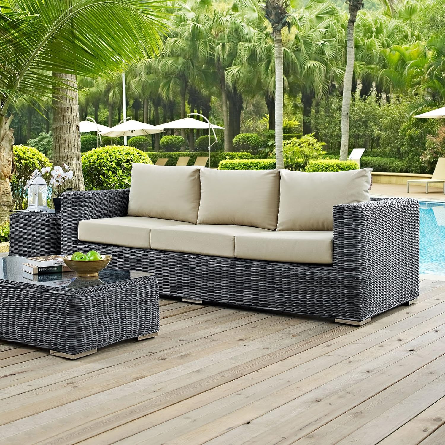 Modway Summon Wicker Rattan Outdoor Patio Sunbrella Sofa in Canvas Antique Beige : Garden & Outdoor