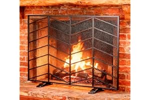 Fire Beauty Single Panel Handcrafted Wrought Iron Mesh Chevron Fireplace Screen, Fire Spark Guard for Living Room, Bedroom Decor(Black)