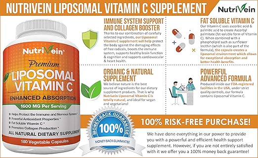 Buy Nutrivein High Absorption Ascorbic Acid Supports Immune System And Collagen Booster Powerful Antioxidant High Dose Fat Soluble Supplement Lypo Spheric Liposomal Vitamin C 1400 Mg 180 Capsules Online At Low