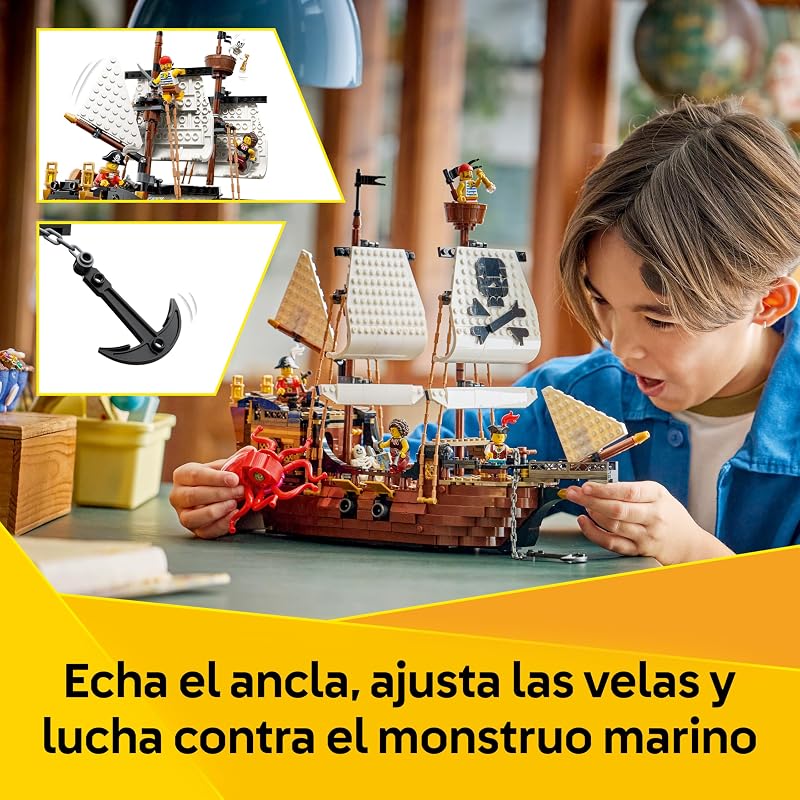 Brinquedo clássico de navio pirata 3 em 1 – modelo de castelo transformável ou 2 navios gémeos – decoração de quarto – presente de aniversário para rapazes e raparigas de 9+ anos – 31387