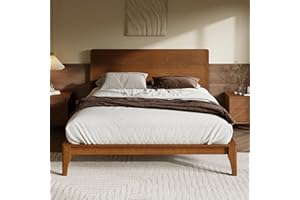 Merax Queen Size Bamboo Platform Bed, Mid-Century Modern Bed Frame with Tall Headboard, Solid Sustainable Bedframe Queen-size, Wood Slat Support, No Box Spring Needed, Easy Assembly, Noise Free, Brown