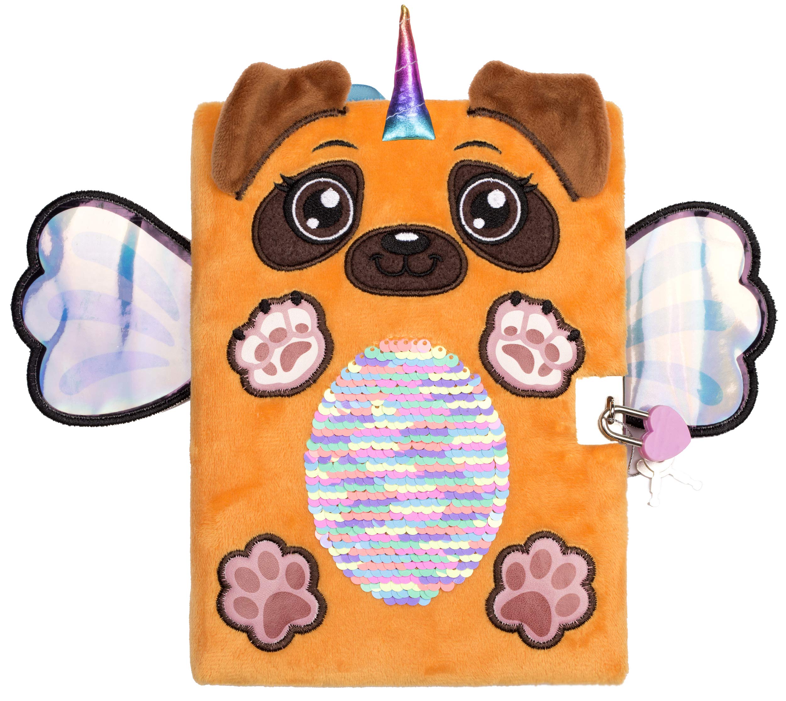 Fringoo Plush Secret Diary For Girls Reversible Sequins Design Journal With Padlock & Bookmark Weekly Planner | Lockable A5 Notebook Gift for Girls 96 Pages - Pugicorn