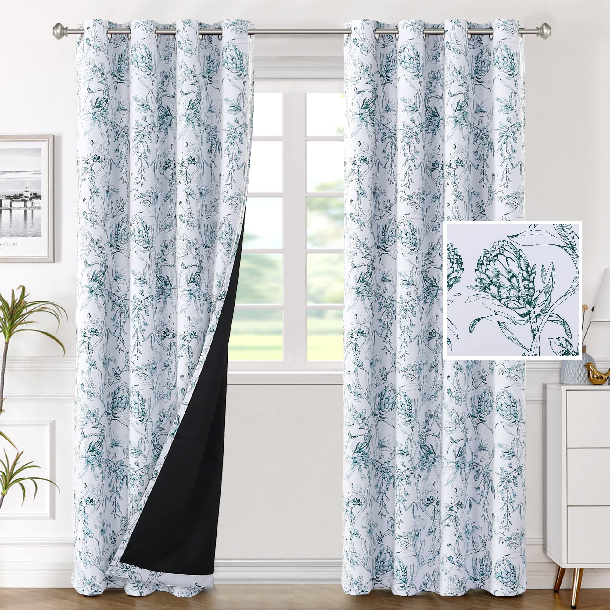 Photo 1 of H.VERSAILTEX 100% Blackout Curtains for Living Room Camellia Floral Blackout Curtains 84 Inches Long Light Blocking Window Treatment Curtains with Black Liner Grommet Thermal Drapes, 2 Panels, Teal