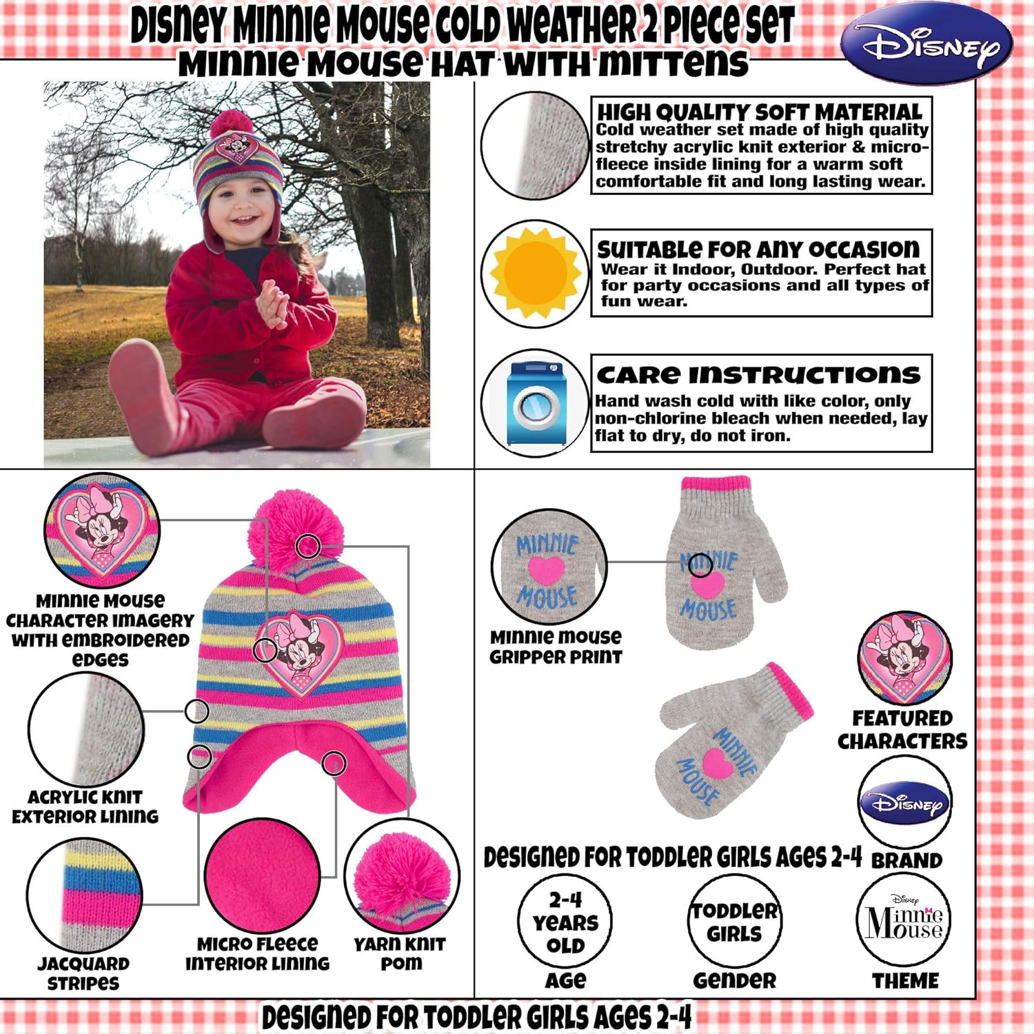 Disney Girl Winter Hat Set, Minnie Mouse Kids Beanie and Gloves Or Mittens for Age 4-7: Clothing