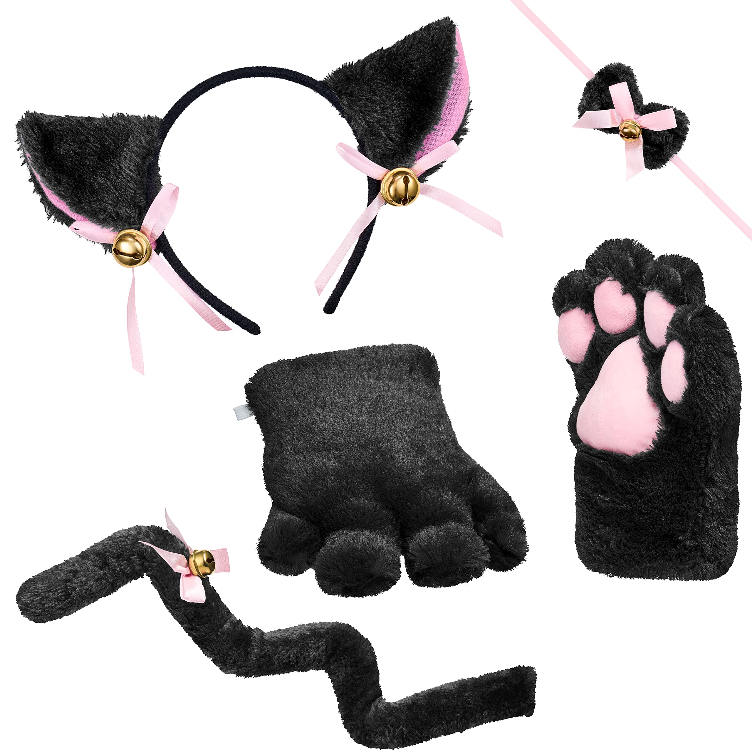 Balinco Cat Costume Set, Cat Ears Hairband + Plush Paws + Bow Tie + Cat Tail, Animal Dress, Anime, Cosplay Party, Halloween, Carnival (Black)