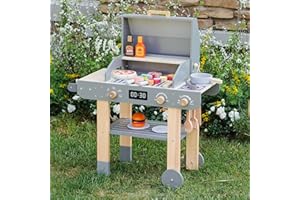 Wooden Kids Grill Playset – Realistic Play Barbecue Set with Grilling Tools and Foods – Pretend Grill Toy for Kids Ages 3+