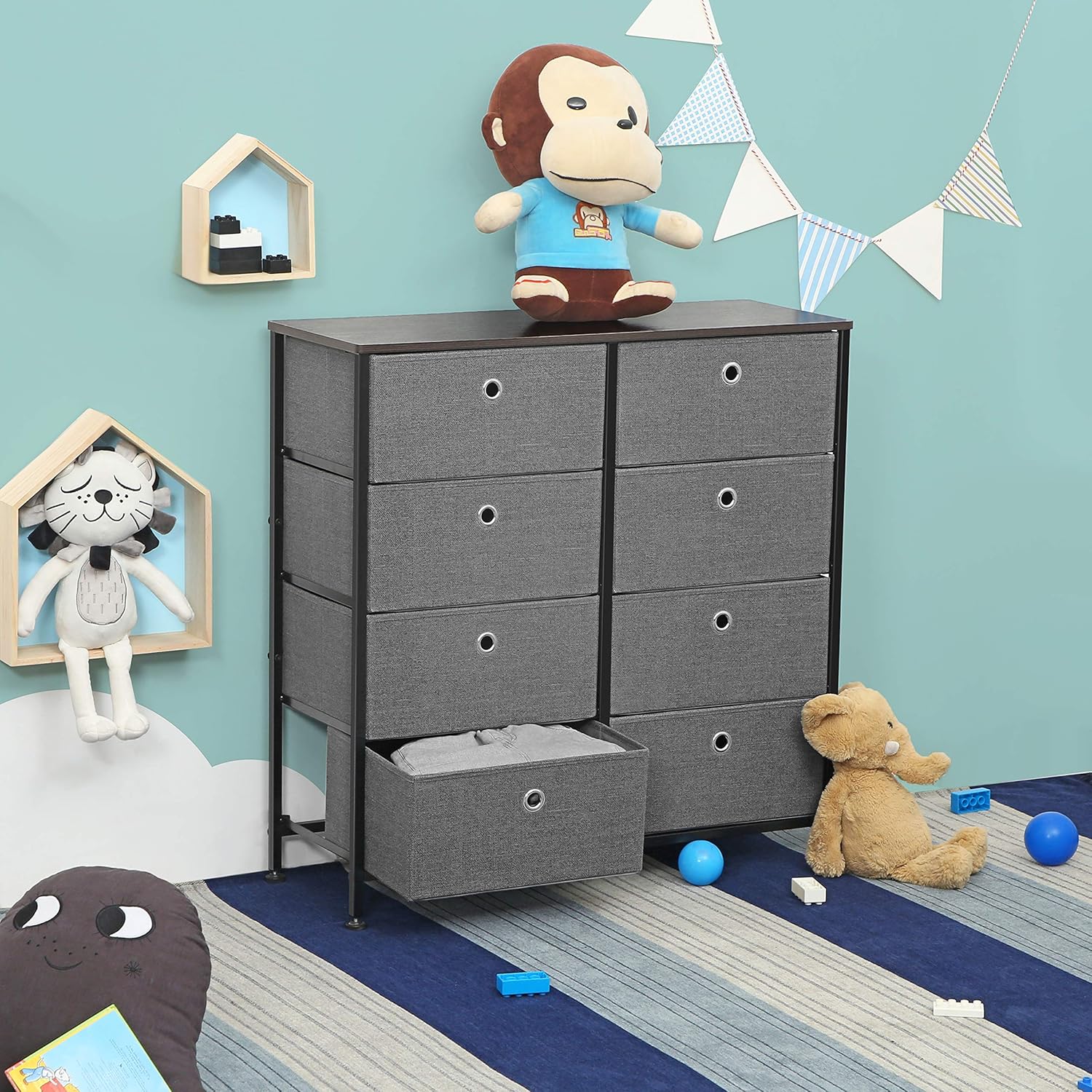 SONGMICS 4-Tier Wide Drawer Dresser, Storage Unit with 8 Easy Pull Fabric Drawers and Metal Frame, Wooden Tabletop for Closets, Nursery, Dorm Room, Hallway, 31.5 x 11.8 x 32.1 Inches, Gray ULTS24G: Home Improvement