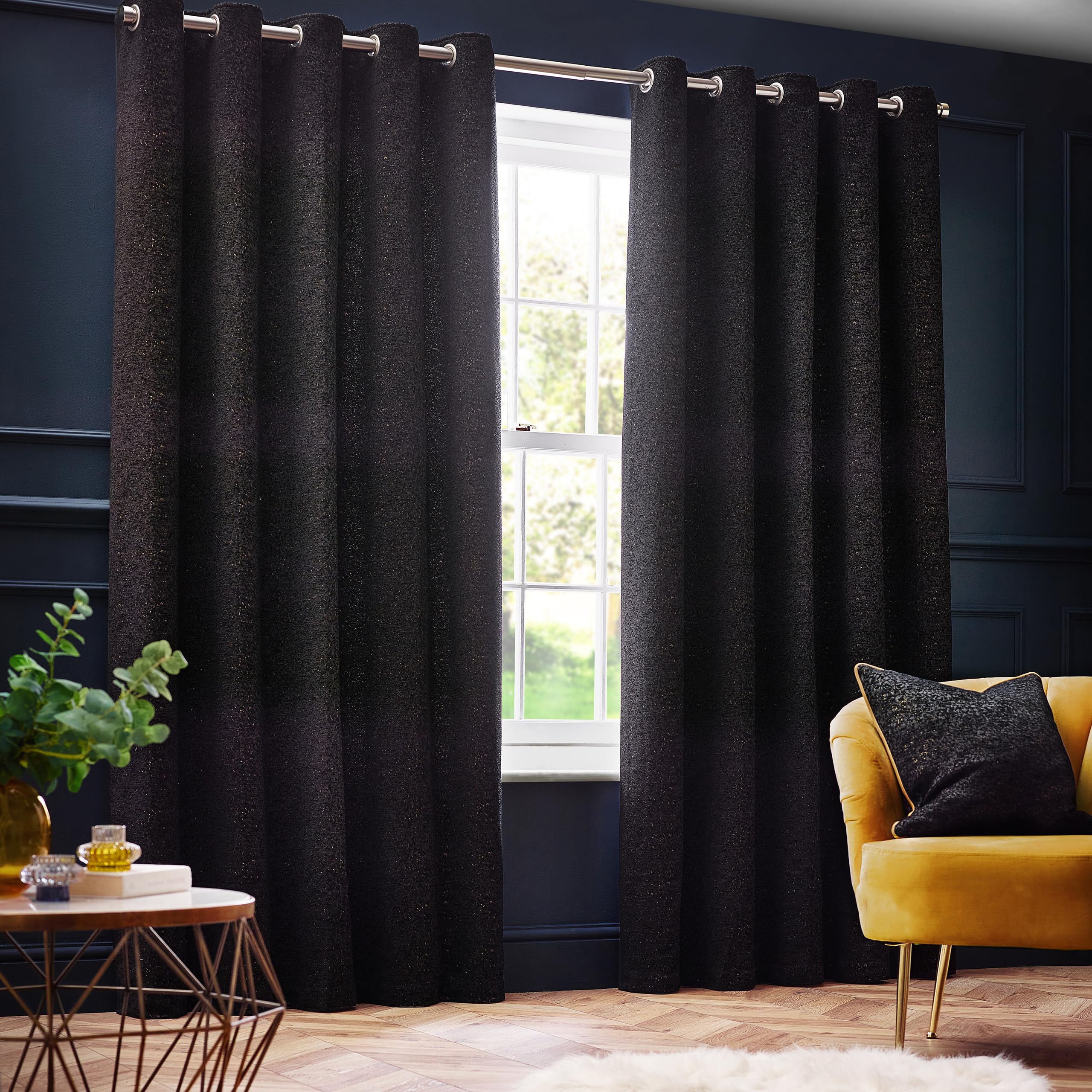 Paoletti Galaxy Eyelet Curtain Pair – Lined Room Darkening Luxury Opulent Chenille Curtains (Black - 168x183cm) — image 1