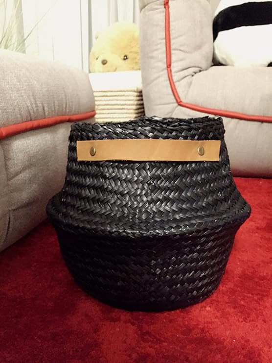 Seegras Bauch Korb Aufbewahrungskorb mit Ledergriff, Farbe Schwarz