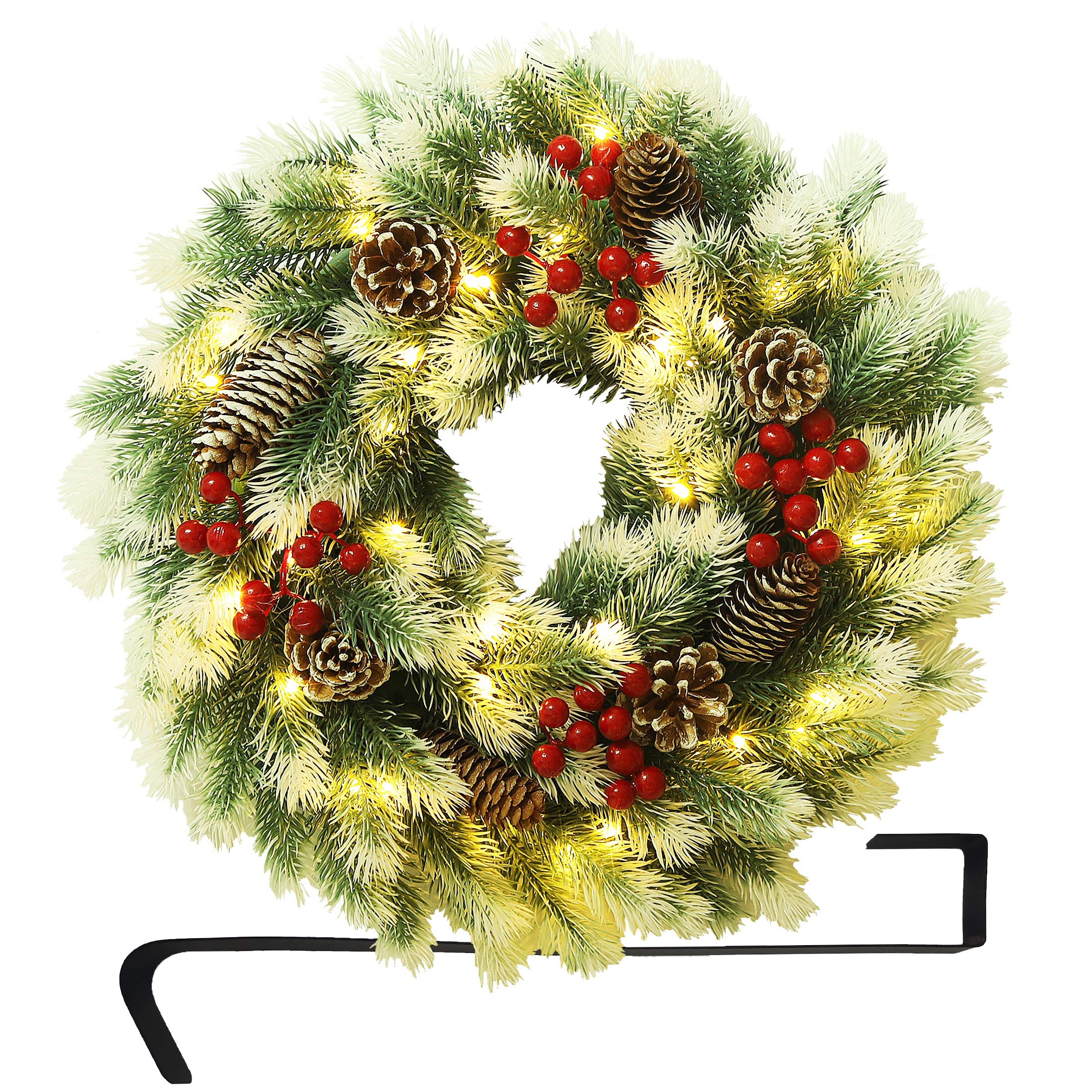 ATDAWN 16 Inch Christmas Wreath, Outdoor Lighted Christmas Wreath for Front Door, Xmas Wreath for Winter Holiday Christmas Party Decorations