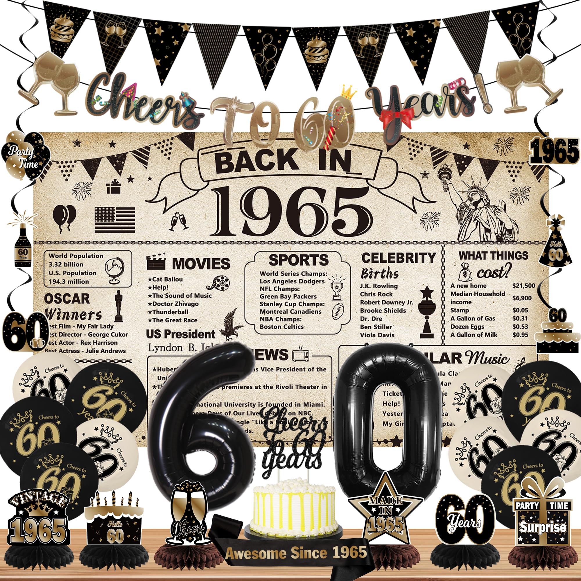 Photo 1 of DARUNAXY 60th Birthday Party Decorations for Men Women, Vintage Back in 1965 Banner, Black 60 Number Balloons & Cake Topper, Vintage 1965 60 Birthday Honeycomb Hanging Swirl Confetti Balloons(28PC)