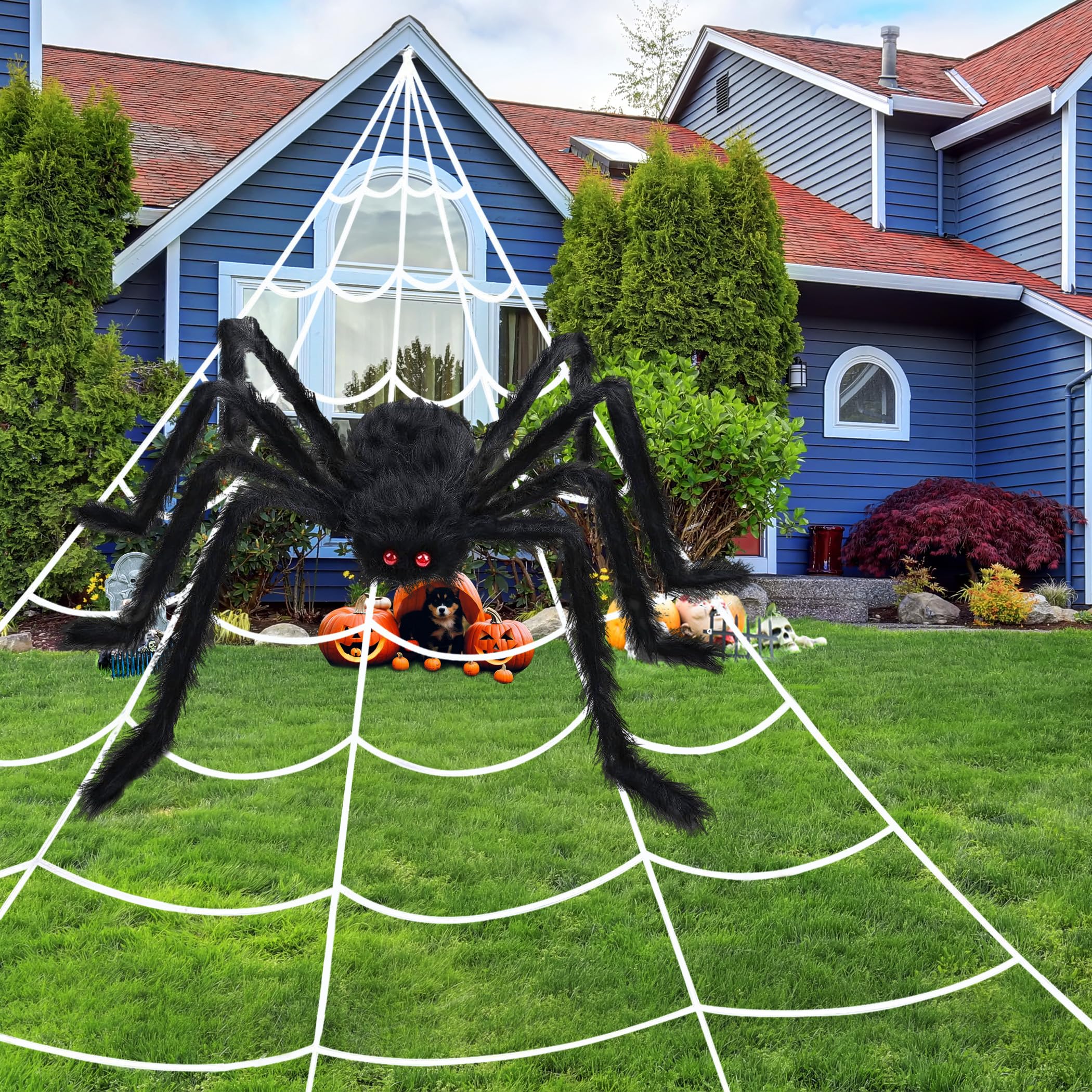 Photo 1 of Crogift 200" Halloween Spider Web and 59" Giant Spider Decorations, Scary Fake Spider with Huge Triangular Stretchy Web for Outdoor Yard, Haunted Houses, and Indoor Parties Decor Supplies
