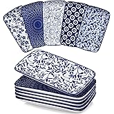 vancasso Selene 9.5 Inch Rectangular Dinner Plates Set of 6, Ceramic Salad Plates for Dessert, Appetizer, Porcelain Serving Platters for Entertaining, Microwave & Oven Safe, Vintage Blue & White Color
