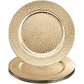 Kingrol Set of 6 Gold Plastic Charger Plates, 13" High-Shine Round Decorative Underplates with Alligator Texture, Warm Gold T