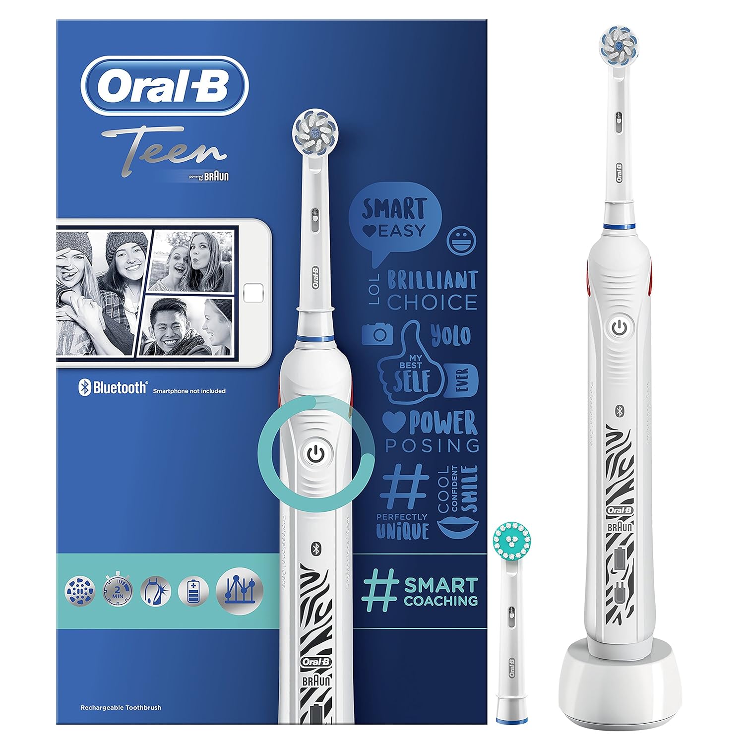 OralB Teen White Electric Rechargeable Toothbrush, Powered by Braun