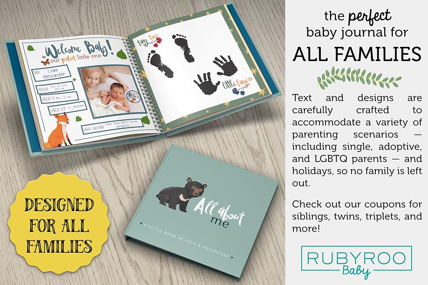 First Year Baby Memory Book + Baby Journal. New Parent Baby Shower Keepsake to record photos + milestones. Five year scrapbook + picture album. Boy + girl babies. (Woodland) : Baby