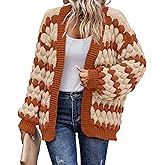 KIRUNDO Womens Cardigan Chunky Fall Fashion Lantern Sleeve Open Front Striped Color Block Cable Knit Winter Sweater Coats