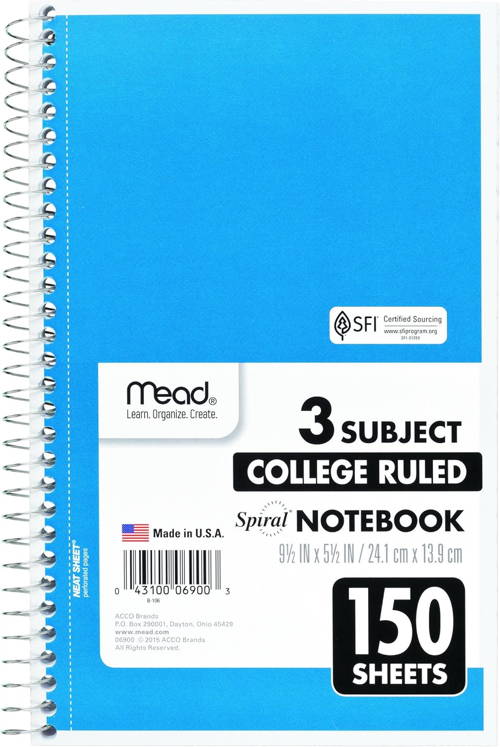 Mead Spiral Notebook, 3 Subject, College Ruled Paper, 150 Sheets, 9-1/2" x 5-1/2", Color Selected For You (06900) : Office Products