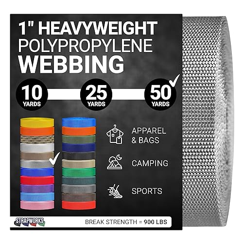 Strapworks Heavyweight Polypropylene Webbing - Heavy Duty Poly Strapping for Outdoor DIY Gear Repair, 1 Inch x 50 Yards - Silver Gray