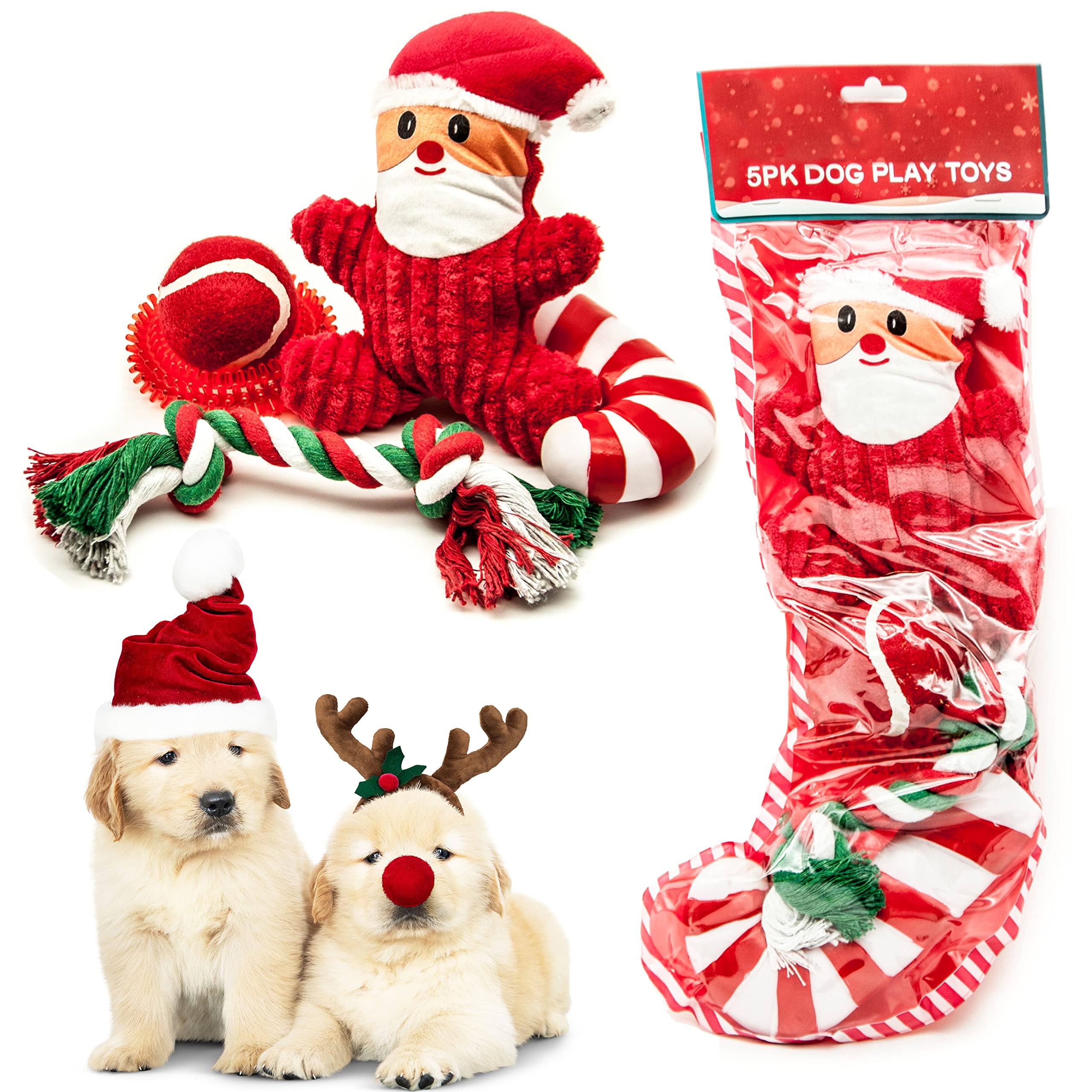 Petopedia Set of 5 - Pet Toys XMAS Gifts - STOCKING Christmas Dog Toys - Plush Rope Spike Squeaky Dogs Tennis Ball - Dog Chew Toy (Red, Pack of 5)
