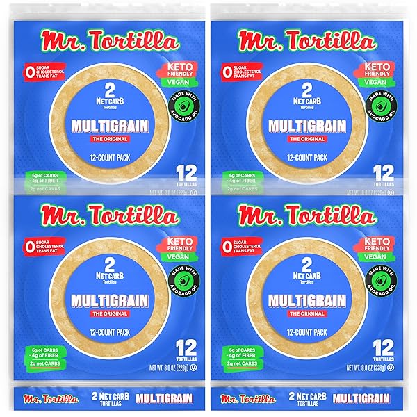 MR. TORTILLA LOW CARB KETO SOFT TACO SHELLS, VEGAN, QUESADILLAS, BURRITOS, HEATHY BREAD ALTERNATIVE, 2 NET CARBS, DELICIOUS SMALL BATCH KOSHER WRAPS – (MULTIGRAIN, 48 COUNT)