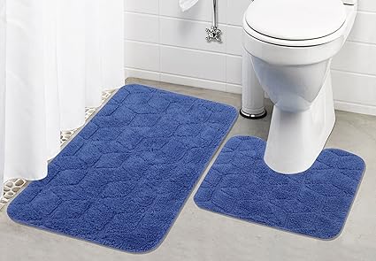 Saral Home Cotton Anti Slip Bath Mat with Contour Set (50X80cm, Blue)