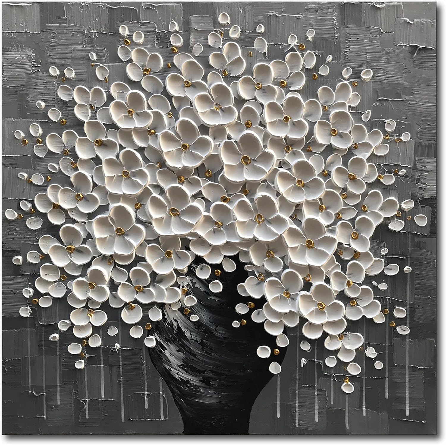 Paintings - Diathou Hand Painted 3d Flower Painting White Flower in Black Vase 24x24inch Abstract Canvas Wall Art for Living Room Bedroom Ready to Hang