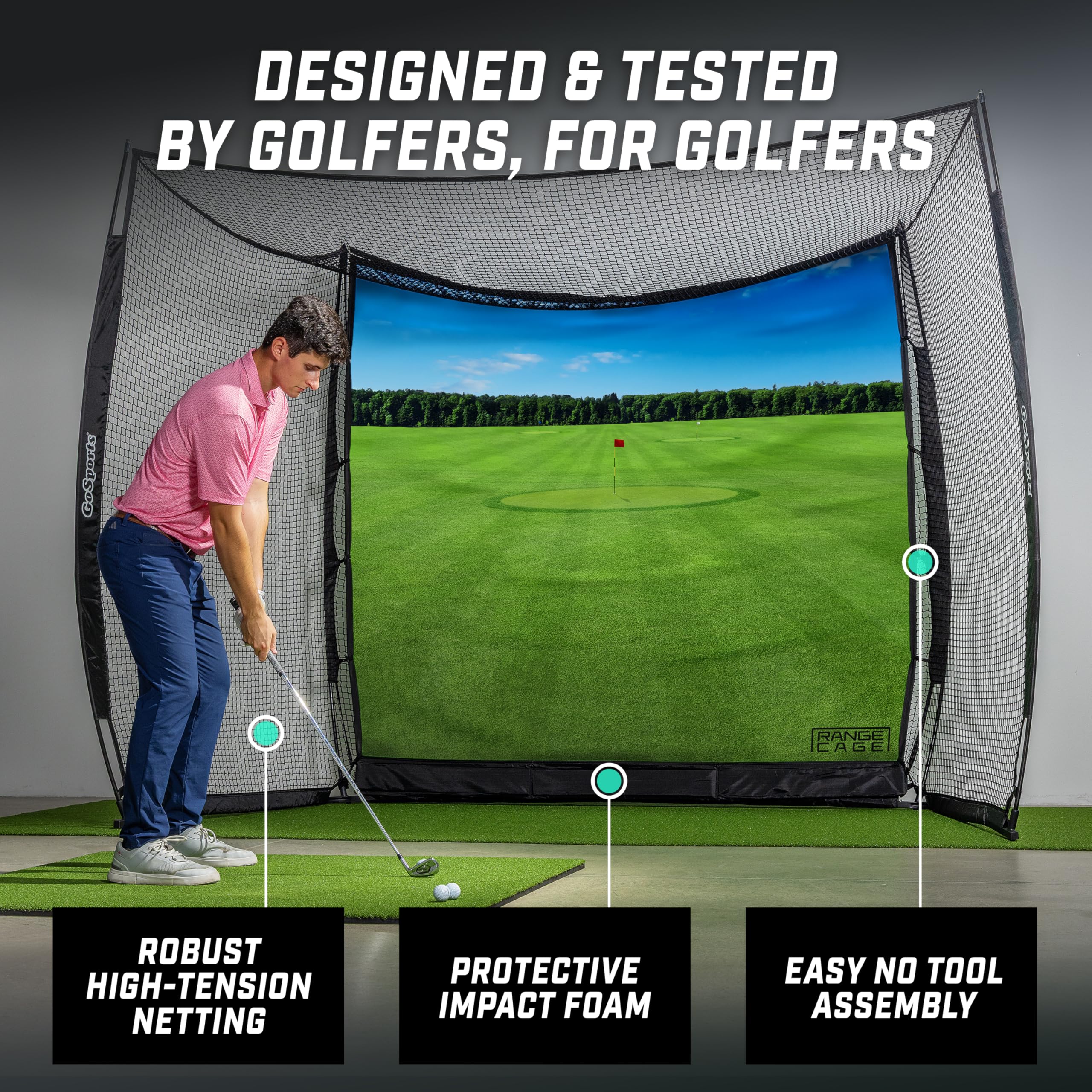 GoSports Range Cage 10 x 8 ft Golf Practice Hitting Net - Choose Between Printed Graphics Impact Screen, Blank Simulator Screen, or Classic Net