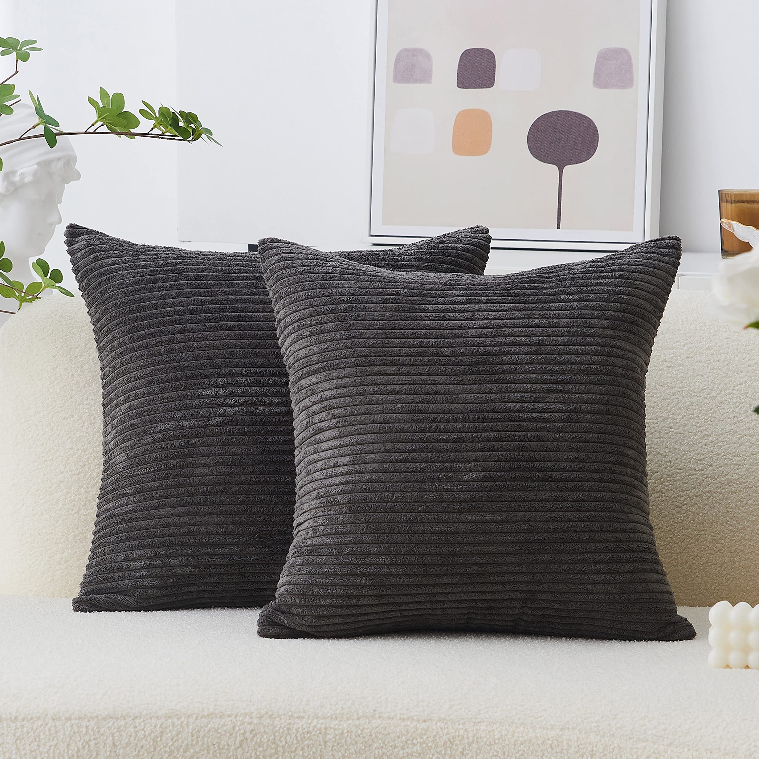 Home Brilliant Dark Grey Cushion Covers 65 x 65 Set of 2 Soft Striped Corduroy Throw Pillow Cover Cushion Cover for Couch, 65x65 cm, 26 inch, Dark Grey — image 1