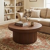 GEWOTMP 33.5'' Fluted Round Wood Coffee Table for Living Room | Retro End Table with Real Wood Parquet Pattern Top &amp; Cylindrical Base, Boho Coffee Tables for Dining Room, Bedroom, Walnut