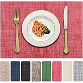 LANDVIEW Vinyl Placemats Set of 4, PVC Woven Washable Non-Slip Table Mats, Heat Resistant Wrinkle Free Place Mats for Dining Table, Easy to Clean (4, Red)