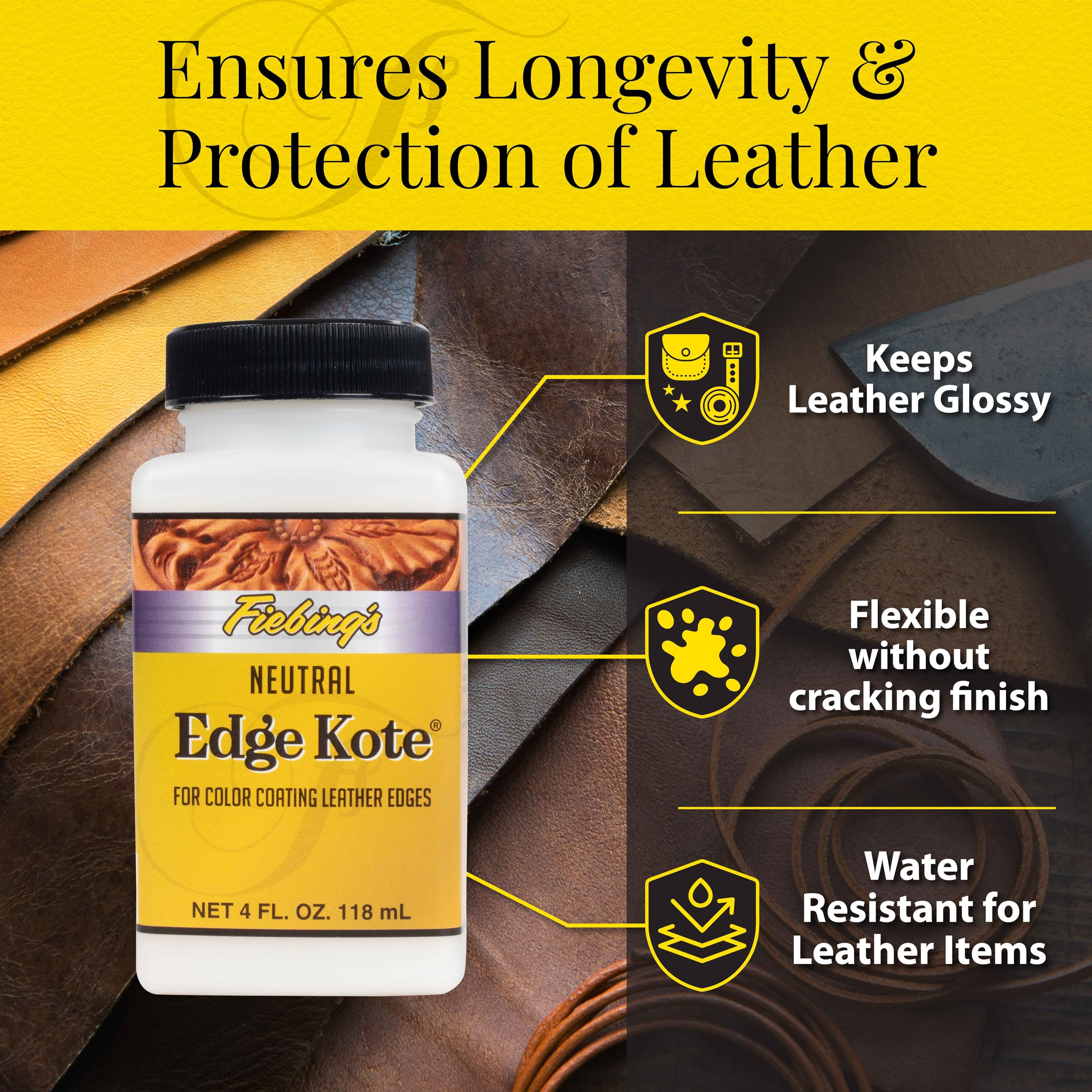 Fiebing's Edge Kote (4oz, Neutral) - Leather Edge Paint for Shoes, Furniture, Purses, Couches, Belts - Flexible, Water Resistant, Semi Gloss Color Coating Leather Dye to Protect Natural Edges