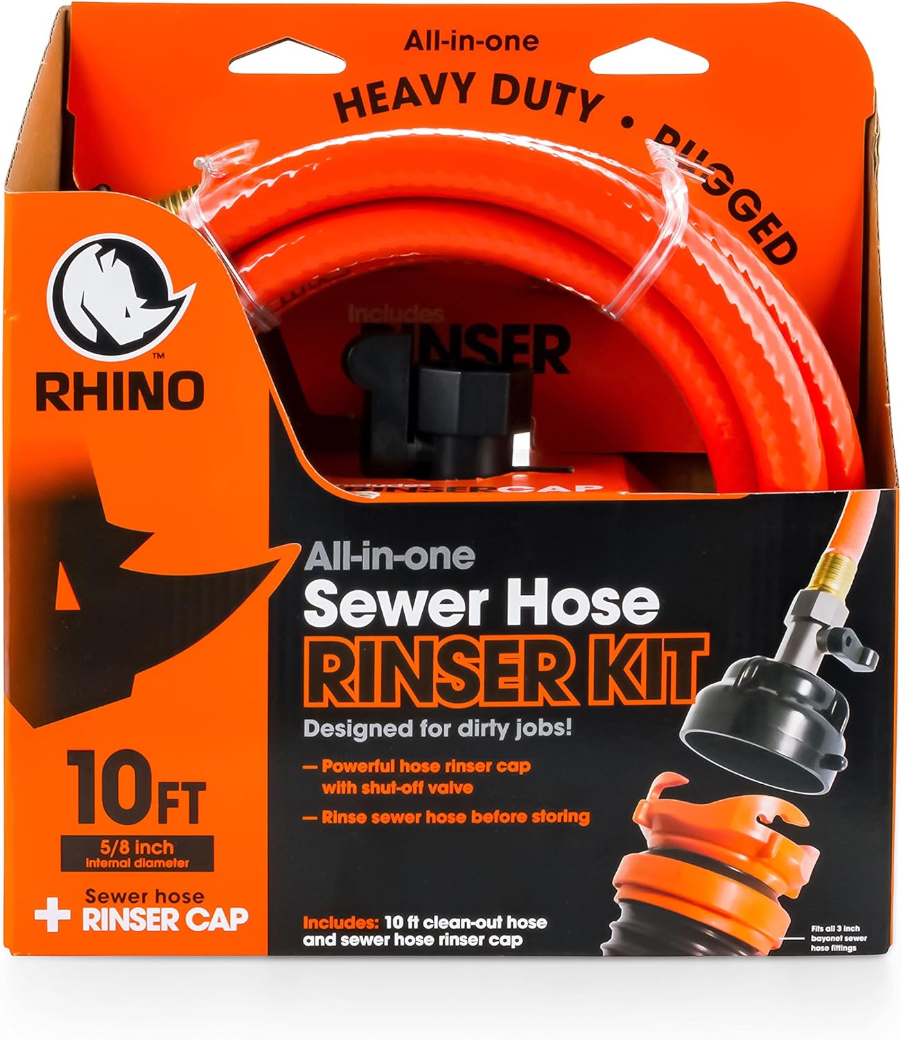 Camco 22999 Orange RhinoFLEX Gray Clean System with Hose and Jet Rinser Cap-Ideal for Flushing Black, Grey Water or Tote Tanks 5/8" Inside Diameter: Automotive
