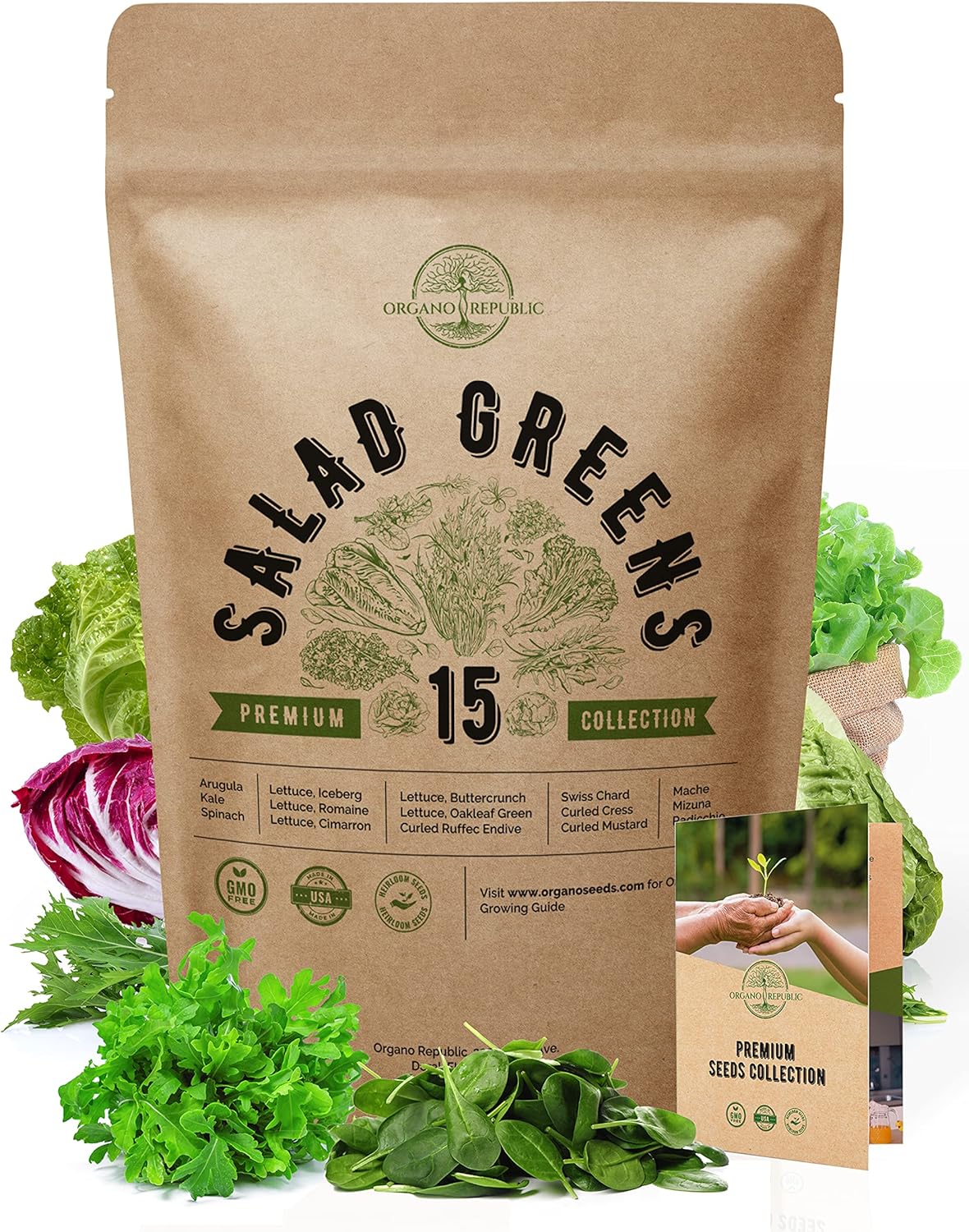 15 Lettuce & Salad Greens Seeds Variety Pack 7500+ Non-GMO Heirloom Lettuce Seeds for Planting Indoors & Outdoors Garden, Hydroponics, Aerogarden - Arugula, Kale, Spinach, Swiss Chard, Lettuce & More
