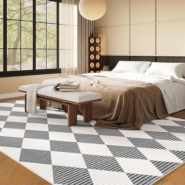 ARKIIKI 3X5 WASHABLE CHECKERED RUGS FOR BEDROOM, GREY AND WHITE AREA RUG FOR LIVING ROOM, GEOMETRIC DIAMOND INDOOR RUG FOR KIDS, GIRLS, BOYS PLAYROOM, DORM, NURSERY, DINING ROOM, KITCHEN, NON SLIP
