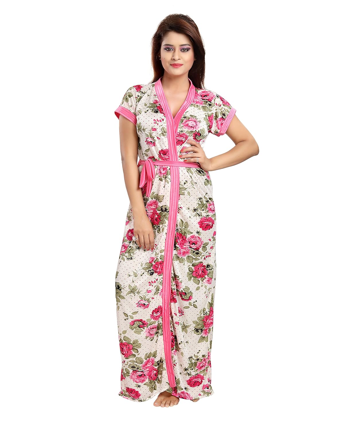 shopping station women's pink night floral printed robe (free size_multicolor)
