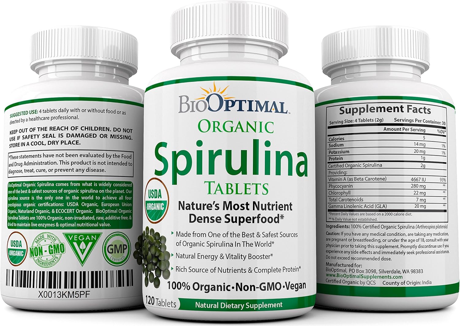Organic Spirulina Tablets, 100% USDA Organic, Premium Quality 4 Organic Certifications, Non-GMO, No Additives Capsules or Fillers, 120 Count 1 Month Supply: Health & Personal Care