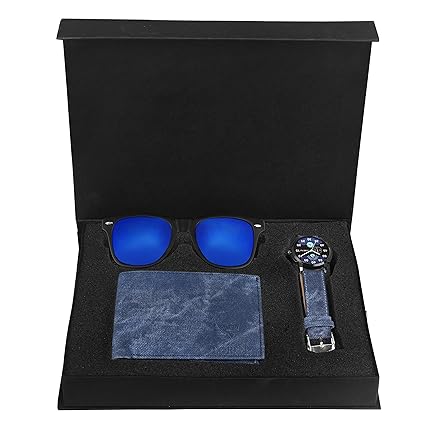 LORENZ CM-105MR-WL-05 Combo of Mens Blue Denim Strap Analogue Watch, Blue Denim Wallet and Mercury Sunglasses