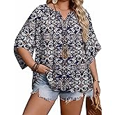 IN'VOLAND Plus Size 3/4 Sleeve Womens Blouse Boho Tops Summer V Neck Casual Loose Fit Tunic Beach Vacation Outfits 1X-5X