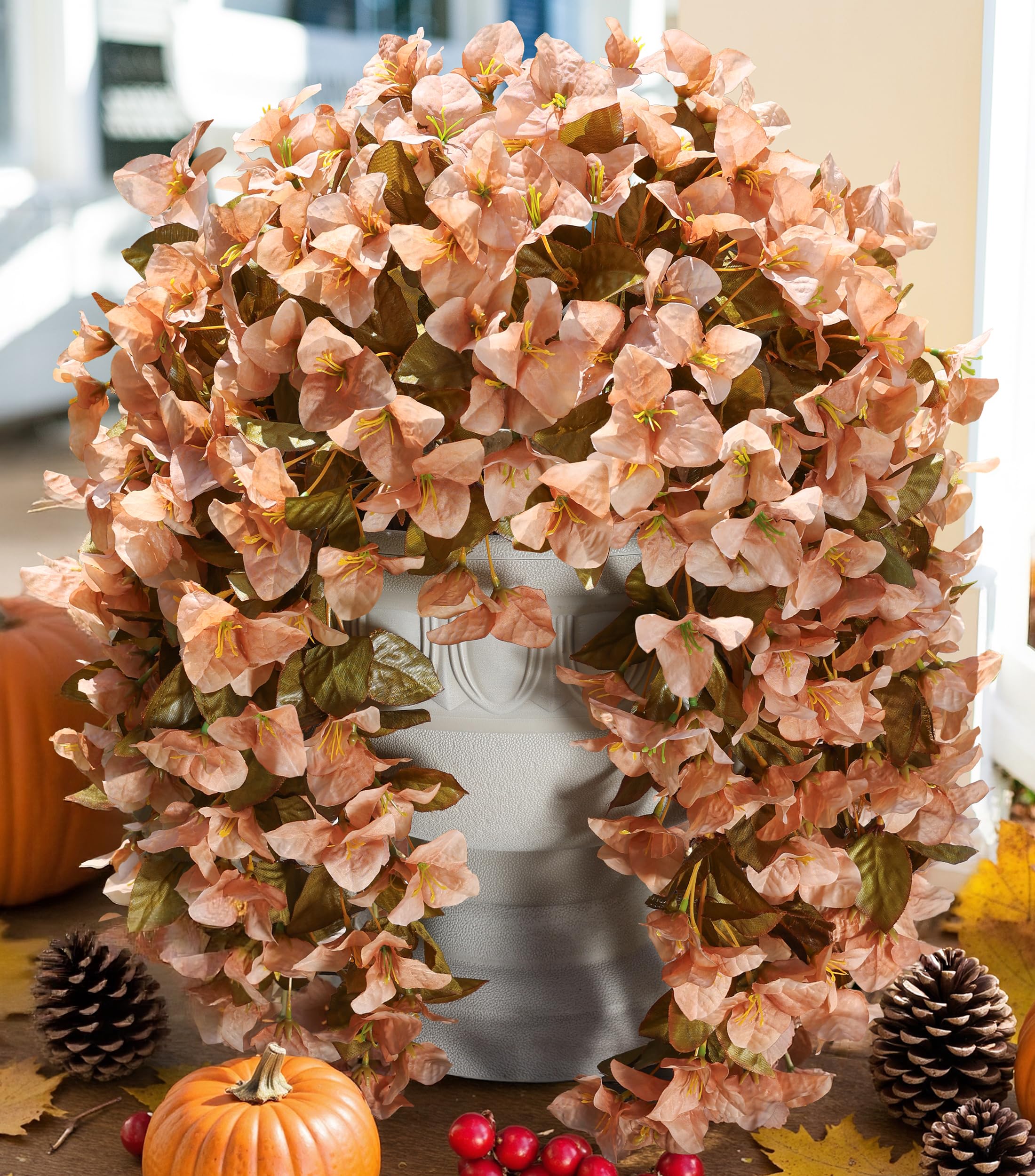 Photo 1 of Bougainvillea Artificial Flowers Plants for Outdoors Outside Fall Autumn Decoration, 2 pcs Faux Silk Long Trailing Vines UV Resistant Look Real Brown Fake Flowers for Front Door Porch Planter Urn Yard