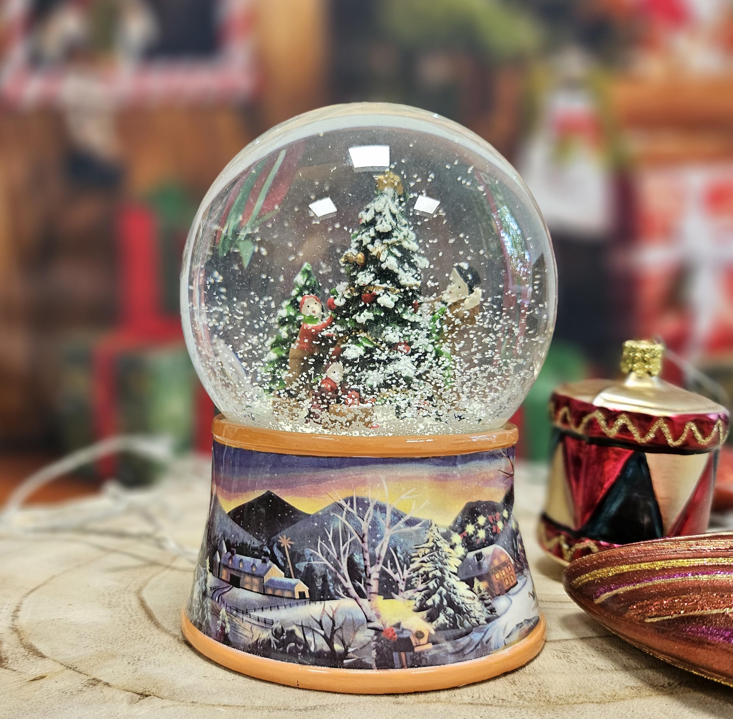 20273 Snow Globe Christmas Tree Decorating | Base Nostalgic Winter Landscape Ochre | with Music Box | Shaking Ball Christmas Decoration | W: 10 cm H: 14 cm | 20273