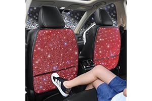 Pirador Luxury Bling Car Seat Back Protectors with Pockets – Sparkling Rhinestone Kick Mats, Universal Fit PU Leather Back Seat Covers for SUV Leather Seats, Diamond Protectors for Girls Red 2pcs