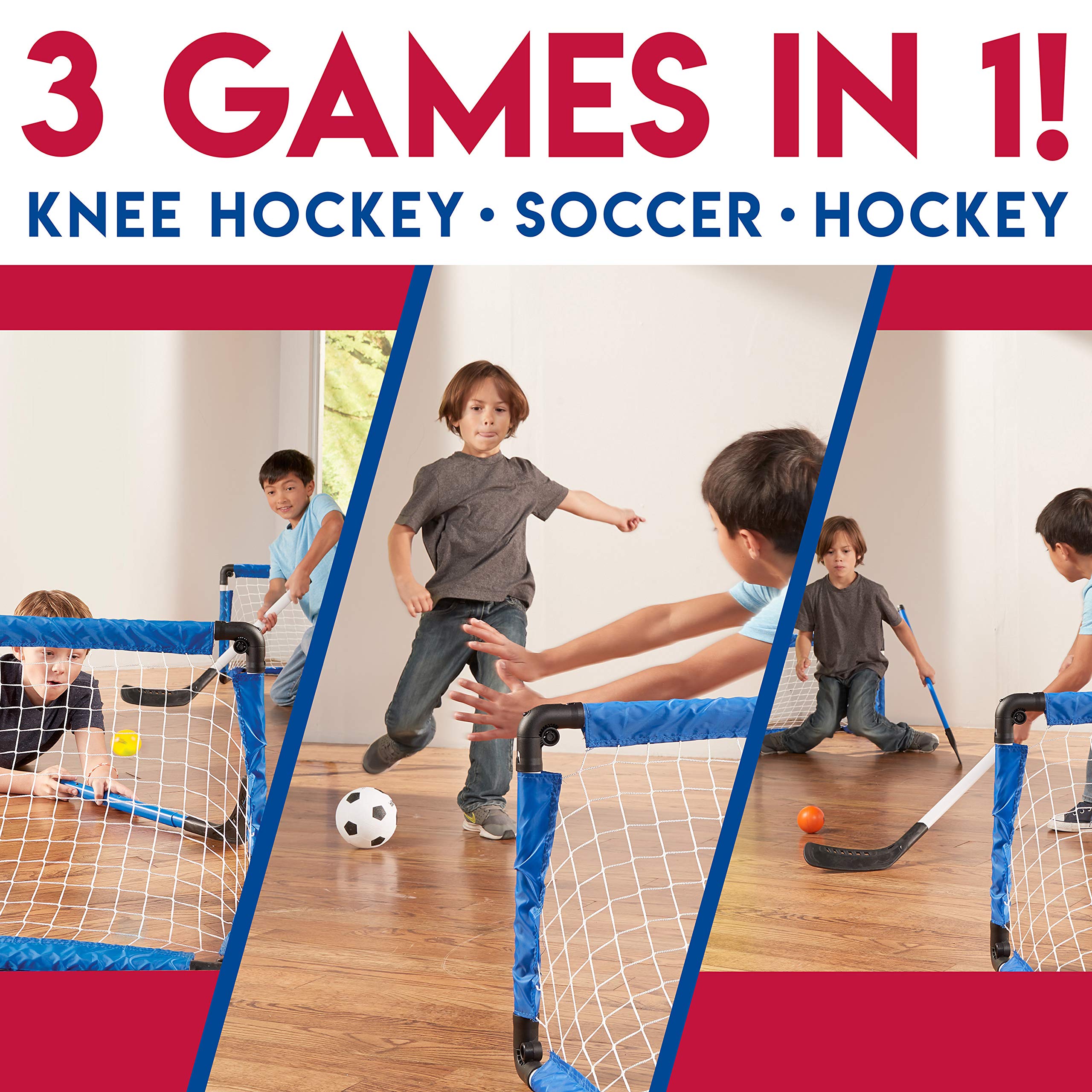 Franklin Sports Indoor Mini Goal Sports Set - 3 in 1 Kids Indoor Goal Set - Indoor Mini Floor Hockey, Knee Hockey, and Mini Soccer Set for Kids, Blue, 22 x 17.5-Inch
