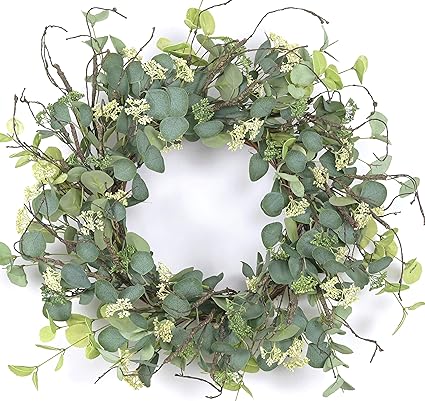 Amazon Huashen 冬のユーカリの葉 リース 日常用 グリーンシルクプリント ダラーの葉 種 小枝 ブドウの農家 リース 24インチ フロントドア ホーム 壁装飾 インテリア オンライン通販